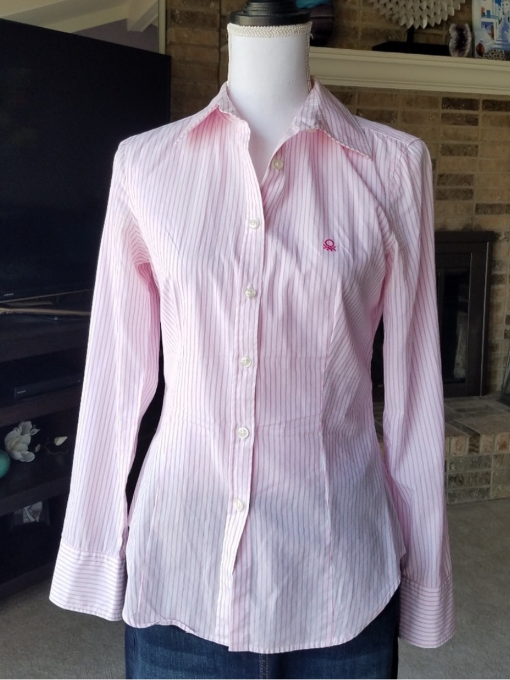 Women's BENETTON Logo Pink & White Stripe Fitted Dress Shirt from Italy